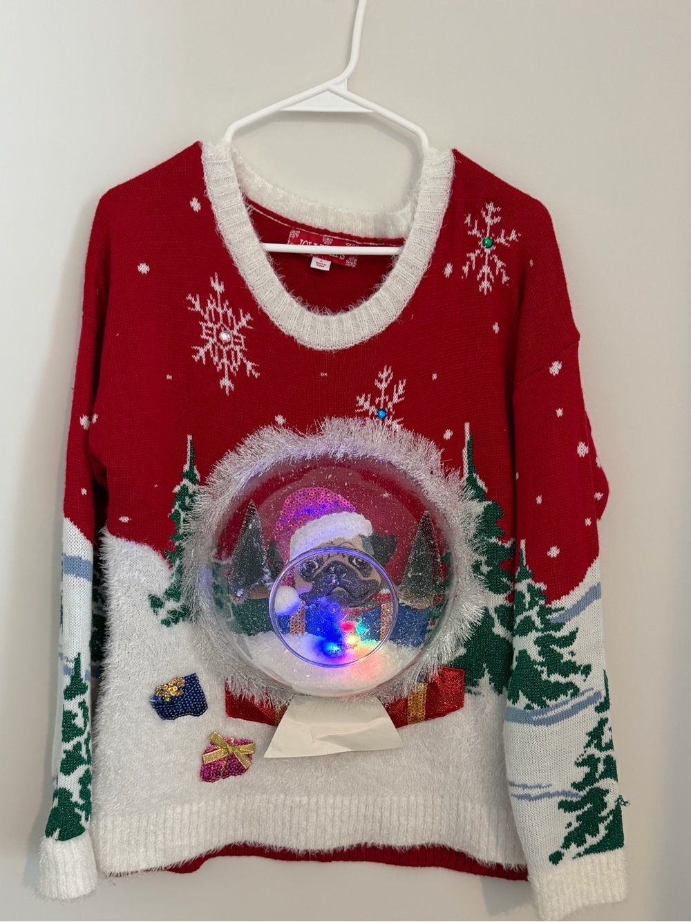 Custom Hand Made Red Ugly Christmas Sweater with Light-Up Pug Snow Globe